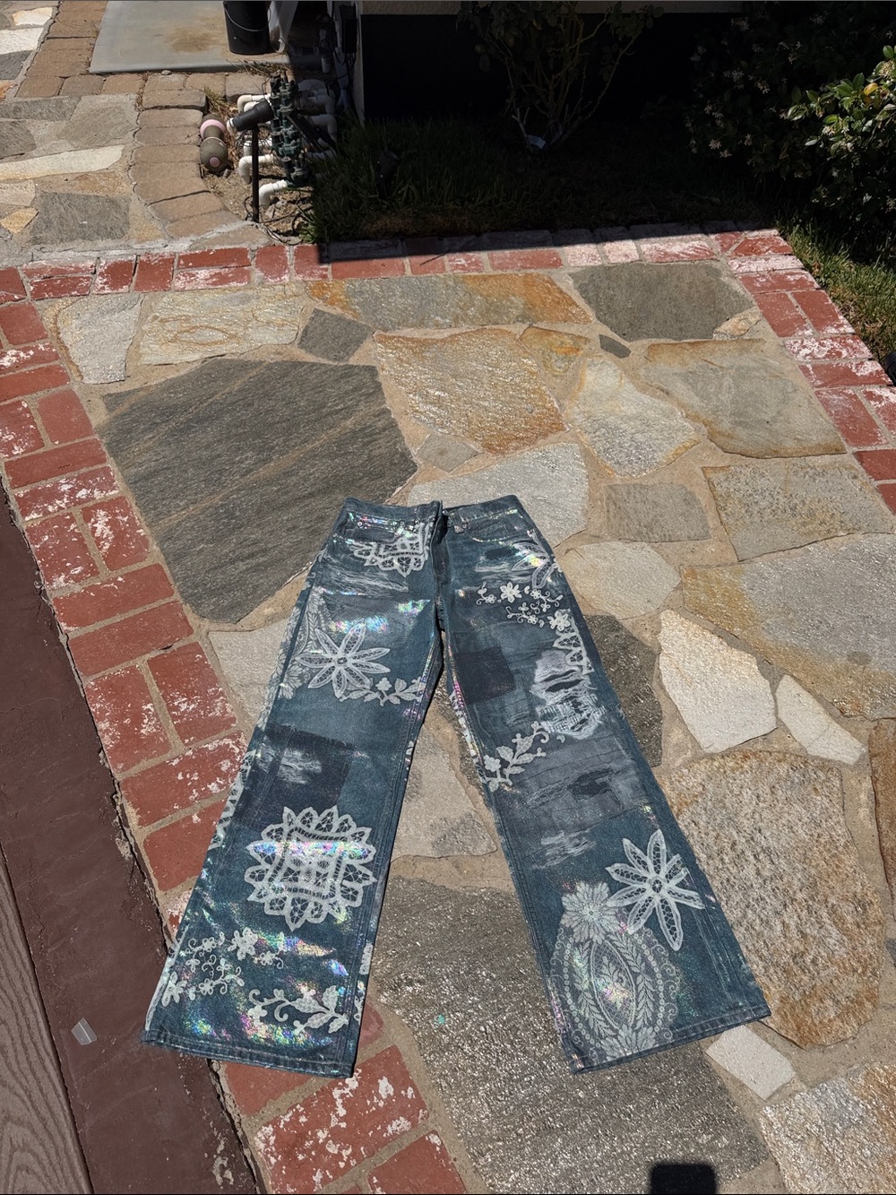 We The Free Free People Holographic Lace Print Wide Leg Jeans Size 29 NWOT